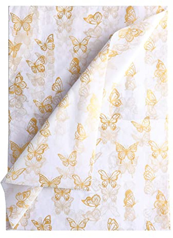 KINBOM 30 Stück 35x50cm Gold Schmetterlings Geschenkpapier Seidenpapier, Gold Seidenpapier zum Verpacken für Weihnachten Hochzeit Geburtstagsfeier Babypartys Heimwerken Kunst (Weiß Hintergrund)