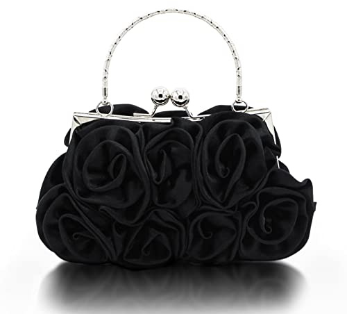 JAMBHALA Women Evening Clutch Bag Dressy Floral Satin Small Purses with Detachable Strap for Party, Prom, Formal,Black