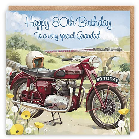 Hunts England Carte d'anniversaire 80 ans pour grand-père – Happy 80th Birthday – To A Very Special Grandad – Moto classique et train à vapeur – Superbe carte artistique – Milo's
