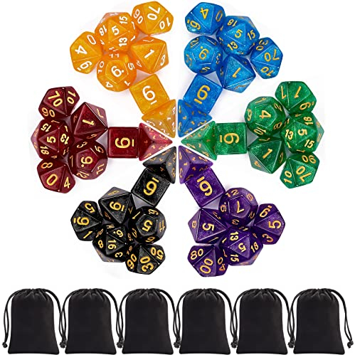 iFergoo Polyedrische Würfel, 6 x 7 (42 Stück) Glitzer Polyedrisches Spiel Würfel Set für Dungeons and Dragons Pathfinder DND RPG MTG Tischspiele, 6 Set von D4 D6 D8 D10 D% D12 D20 aus Acryl Hexaeder