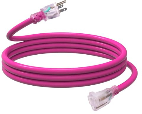 EP 10 Ft Outdoor Extension Cord, 12/3 SJTW Heavy Duty Waterproof Power Cable, 3 Prong Grounded Plug, Lighted End, for Lawn, Garden, Appliances, Pink