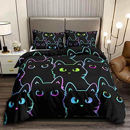 HOSIMA Katzen-Bettwäsche-Sets für Jungen und Mädchen, Kinder, niedlich, bunt, Farbverlauf, Cartoon, Schwarze Katze, Bettbezug mit 2 Kissenbezügen(Katze M)