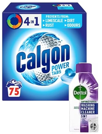 Calgon 4-in-1 Washing Machine Cleaner and Water Softener Tablets, 75 Count + Dettol Washing Machine Cleaner Lavender, 250 ml, Removes Limescale, Residue, Dirt, Odours & Rust