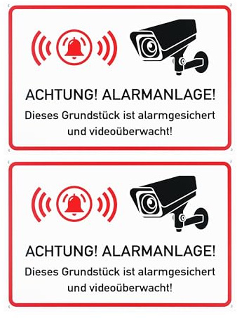 Hinweisschild ACHTUNG! ALARMANLAGE! Grundstück wird videoüberwacht!, 2 Stück, 30 x 20 cm, 1 mm starkes PVC Schild mit Bohrlöchern, Warnschild alarmgesichert für Innen- und Außenbereich, CCTV Hinweis