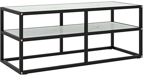 Homgoday Mobile Porta TV Nero con Vetro Marmo Bianco 100x40x40 cm, Mobile Porta TV, Mobiletto Basso per TV Tavolino da Salotto Supporto TV per Soggiorno
