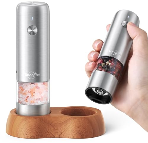 Sangcon Juego de molinillo eléctrico de sal y pimienta, portátil USB recargable para niños, 5 unidades, acero inoxidable con base de madera, adecuado para camping