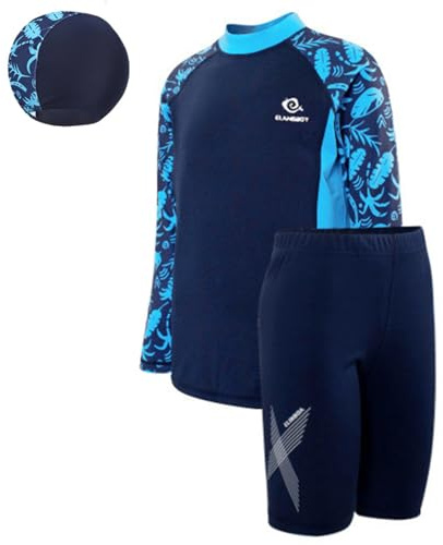MZSYLK Costume da bagno da ragazzo Rash Guard, set da 3 pezzi, a maniche lunghe, ad asciugatura rapida, con costume da bagno, Blu 1, 9-10 Anni