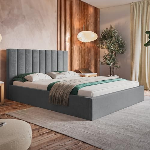 MOTIVENA Wiko Bett 120x200 Grau Samt, mit Stauraum, mit Kopfteil, mit Lattenrost, ohne Füße, ohne Matratze, Polsterbett 120x200 mit Bettkasten Grau (Hellgrau)
