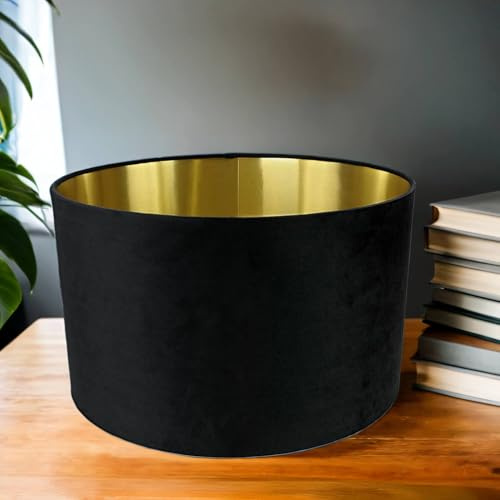 Lampenschirm Schwarz Gold Ø 40 cm für Hängelampe Samt Stoff E27 E14 Modern rund Zylinder Stoffschirm für Hängeleuchte OHNE Gestell