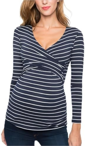 SamHeng Camiseta de Manga Larga de Lactancia para Mujer - Cuello Redondo, Ropa de Embarazo a Rayas (Azul Marino, L)