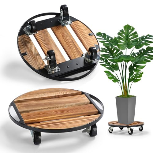 2 Pack Plant Stand with Wheels, 14 Rolling Plant Caddy 264 LB Heavy Duty, Iron and Wood Round Plant Dolly with Metal 360° Lockable Caster Wheels for Outdoor Indoor Large Plant Pots, Flower Pot, Patio
