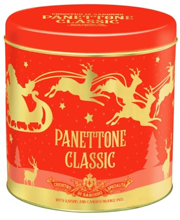 Chiostro di Saronno Panettone Artigianale Classico 1000 g, Lenta Lievitazione, Panettone con Canditi e Uvetta Sultanina, Panettone Tradizionale con Scorze d'Arancia e Cedro, Latta Rossa con Renne