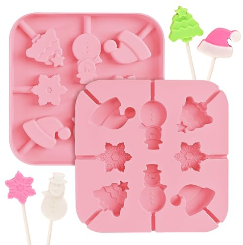 2 Stück Silikonformen für Lutscher,Weihnachten Silikonform,16 Mulden,Wiederverwendbare Lutscherformen Mould,mit Form von Weihnachtsbaum/Weihnachtshüte/Weihnachtsmann/Schneemänner (pink)
