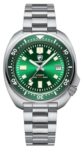 CHEETAH Automatic Diving Watches for Men 200M Waterproof with Sapphire Glass, Stainless Steel Band, Luminous Dial in Green