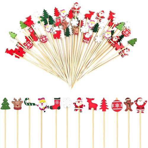 NVGVUP 100 Stück Weihnachten Cocktailspieße 12 cm Bambus Fingerfood Spieße Weihnachtsparty Cocktail Sticks Weihnachtsbaum Cocktail Picks für Snacks Obst Kuchen Trinken Deko