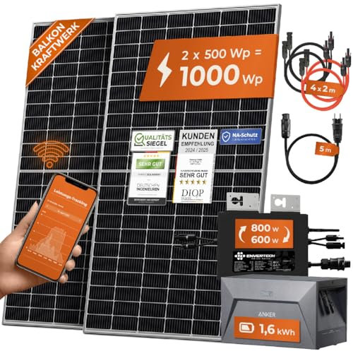 Solarway® 1000W Balkonkraftwerk mit Speicher 800W komplett Steckdose - neuester 800 Watt Wechselrichter - 1,6 kWh Anker Solix 1-500W Solarmodule & Envertech & Anker