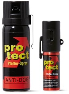 2 Stück Pfefferspray KO Spray Protect Anti-Dog Breitstrahl 50 ml + 15 ml zur Selbstverteidigung Abwehrspray extrem stark 1 Mio. Scoville
