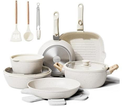 HJZSZX Juego de 19 ollas y sartenes de cerámica antiadherentes con asas extraíbles, juego de utensilios de cocina de inducción, color blanco crema, 19 piezas