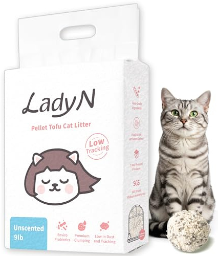 Lady N Pellet Tofu Litière pour chat, forte agglomération, ultra absorbante, sans poussière, faible suivi, probiotique et charbon actif pour contrôle des odeurs, 4,1 kg