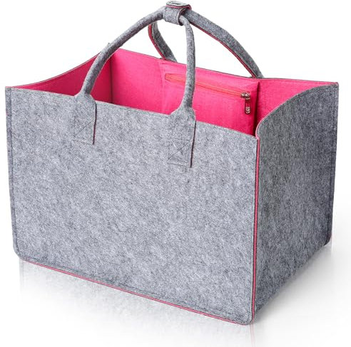 Cozary Filztasche Einkaufstasche 30L, Groß Filztaschen Shopper mit Reißverschlussfach, Tragetasche Filz Faltbar mit Henkel, Shopping Bag Kaminholztasche Einkaufskorb