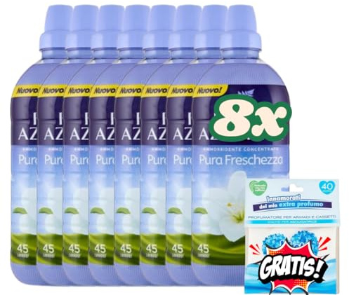 8X Felce Azzurra Ammorbidente Concentrato, 900ml, 45 Lavaggi (360 Lavaggi totali), + 1 bustina di profumatore biancheria Mon Amour Omaggio (Pura Freschezza)