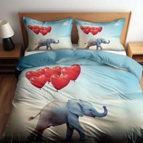 CozyRest Housse de Couette 90 x 190 cm Éléphant Animal Ballon - Parure de Lit Enfant 1 Personnes avec Fermeture Éclair Sets de Housse Couette en Polycoton avec 1 Taie d'oreiller, Bleu