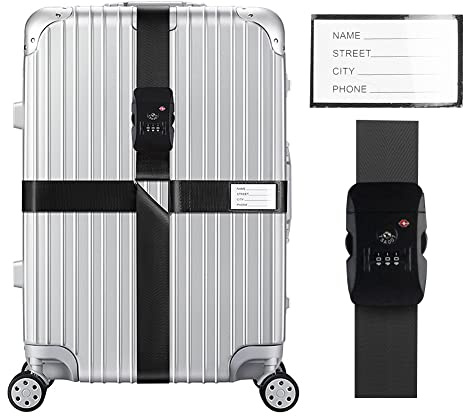 Veki Set di cinghie per bagagli incrociate, approvate dalla TSA, con serratura, regolabili, per valigie, etichette per valigie, etichette per valigie, accessori da viaggio (nero, 1 pezzo)
