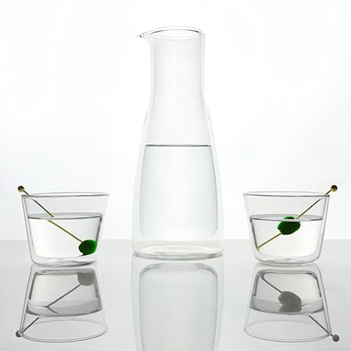 Cloudnola Double Wall Insulated Carafe and Glasses Set, Clear, 34oz Carafe and Two 9.5oz Glasses, For Both Hot and Cold Beverages, Mouthblown Borosilicate Glass Gift Set