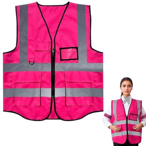 Warnweste Pink,Pinke Warnweste,mit Taschen und Reißverschluss | Warnweste Erwachsene,Für Männer Und Frauen,Arbeitskleidung Für Die Sicherheit Auf Dem Bau