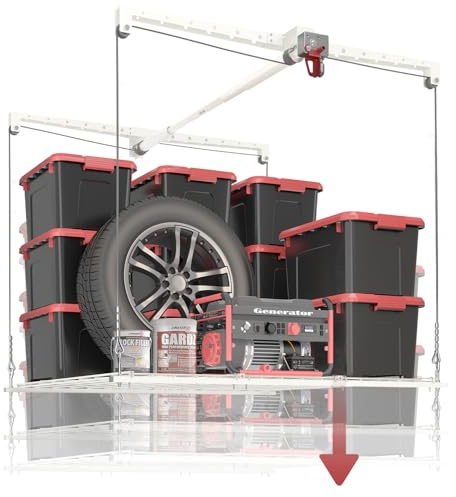 KOKORACKER Elevador de almacenamiento de techo de 4 x 4 pies, sistema de almacenamiento de garaje montado de alta resistencia, capacidad de 250 libras (blanco)