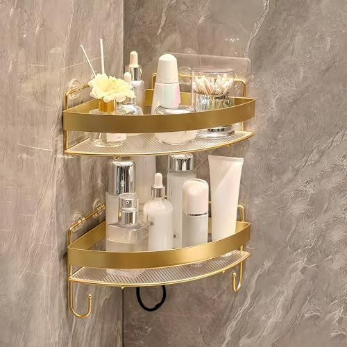 Yacoxe No Drilling Shower 2-Tier Corner Organizer, Waterproof Shelf, Space-Saving Bathtub Shampoo Storage (Gold)