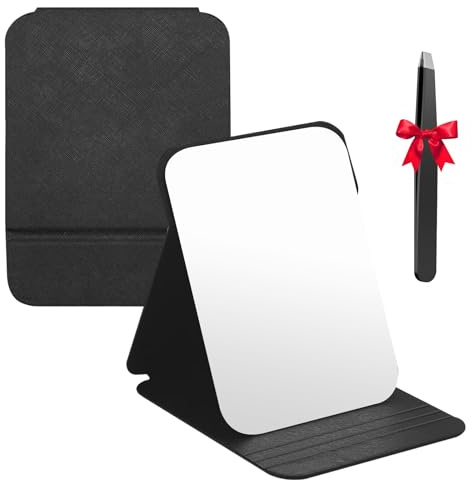 Reisespiegel Klappbar, Klappbar Make-up, Tragbar Kosmetikspiegel, Klappbarer Reisespiegel, Klappspiegel mit Schwarz PU-Leder, Super HD Schminkspiegel für Tischplatte, Zuhause und Reisenutzung, 21x15CM