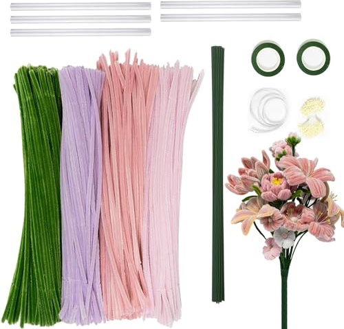 Mocrop 400 unidades de Pfeifenreiniger set de flores, Pfeifenputzer para manualidades, con estambres, cintas, clavos de goma caliente, etc., flores DIY para regalos para madres y novias, decoración de