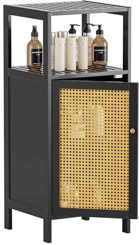 HITNET Rattan Badezimmerschrank Schmal für Küche Wohnzimmer, Schwarz | Kleiner Badschrank, Bambus Beistellschrank, Badezimmer Aufbewahrungsschrank Freistehend Bodenschrank mit Offenen Fächern