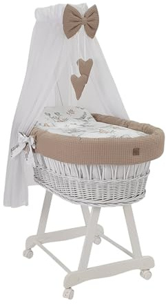 Wiklinopol - Cuna mecedora de mimbre con dosel y soporte Lena – Cesta Moses en blanco, set completo con edredón de 5 piezas Safari Beige – Con ruedas, portátil, seguro
