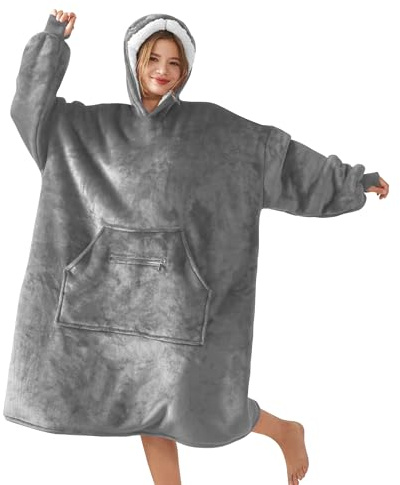 R.SHARE Hoodie Decke mit Ärmeln Geschenke für Frauen Kuscheldecke mit Ärmeln Kuschelpullover Damen Decken Hoodie Ärmeldecke Deckenpullover Weich Warm Sofadecke für Erwachsene,Grau