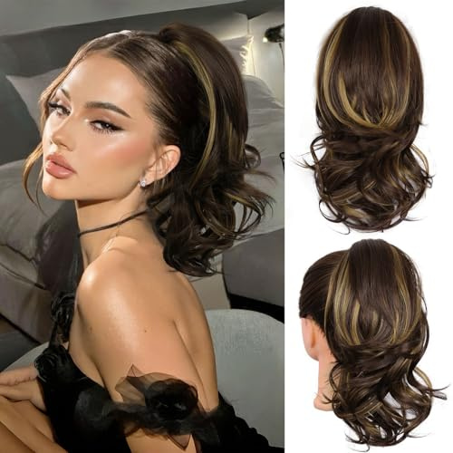 14 Inch Ponytail Extension - Soft Wavy Pony Tails Hair Extensions, Claw Clip Ponytail Extension, Synthetic Hair Extensions Ponytail, Clip in Ponytail (Color: Brown with Blonde Highlights)