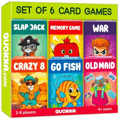 QUOKKA Kortspel för barn åldrar 4–8, 6-pack, Crazy 8, Go Fish, Gammal Maid, War, Slap Jack, Memory Match – Roliga familjespel spelkort för barn, lätt att lära, utbildning och resa vänlig gåva