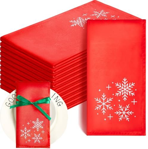 Panelee 12 Stück 43 x 43 cm Weihnachten Servietten Weiche Bequeme Stoffservietten Wiederverwendbare Satin Tischservietten für Zuhause Restaurant Party Deko(Schneeflocke)