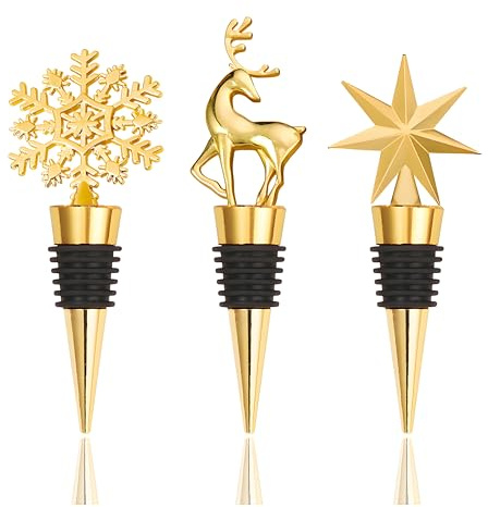 Pwsap 3PCS Gold Wine Bottle Stopper, Elk Snowflakes 7-Pointed Star Christmas Alloy Wine Saver Stopper, Reusable Wines Corks Beverage Bottle Stoppers for Xmas Party Gift Bar Holiday Wedding Birthday