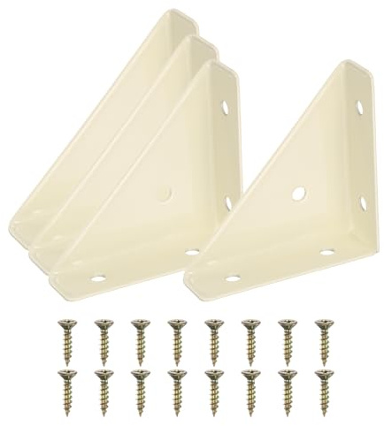 PATIKIL Corner Brace Brackets, 4Pcs 66mm x 66mm Carbon Steel Triangle Corner Braces Angle Joining Support with Screws for Wood Shelf Bed Desk Edge, Beige