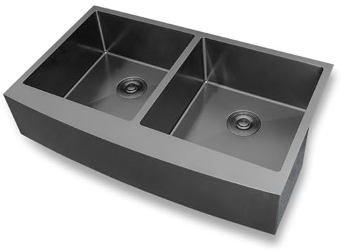 Fregadero de Acero Inoxidable Gris y Negro de 35 Pulgadas para Cocina de Dos Senos, Hecho a Mano, bajo encimera, con escurridor y Accesorios (90,8 x 54,8 cm)