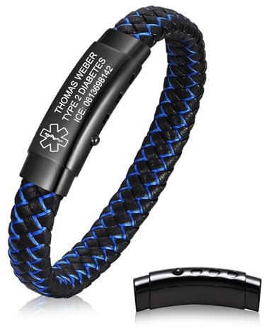 Gamtic Armband Herren Lederarmband Personalisierte Notfallarmband - Verstellbare Medizinisches Alarm SOS Armband mit Gravur Name Telefonnummer Notruf Armbänder für Herren