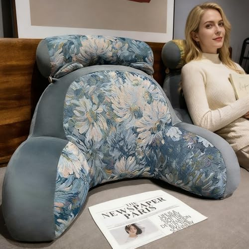 LANPEW Cuscino per schienale per letto e divano con braccioli, ergonomico, per adulti, traspirante, con rivestimento rimovibile, per leggere (blu Monet, 80 x 60 cm)