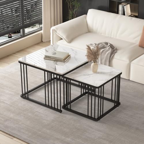Merax 2er Set Couchtisch, Quadratische Wohnzimmertische, Hochglänzende Marmoroptik, Höhenverstellbare Füße, bis 30kg belastbar, Sofatisch 60 * 60 * 45cm & 45 * 45 * 40cm