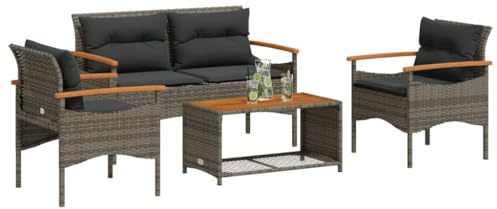 QJBSAVVA 4-TLG. Gartenmöbelset aus PE-Rattan mit Akazienholztisch 75 x 40 cm, grau, komfortable Sitzgruppe mit dicken Kissen, UV-beständig & platzsparend für kleine Balkon Terrasse Garten