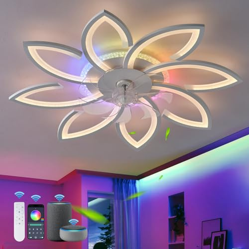 QINGYING Fiore RGB Lampadario Con Pale, Ventilatore Da Soffitto Con Luce Silenzioso Compatibile con Alexa, Lampada Con Pale Reversibile 6 Velocità Dimmerabile Per Camera Da Letto Soggiorno, Bianco