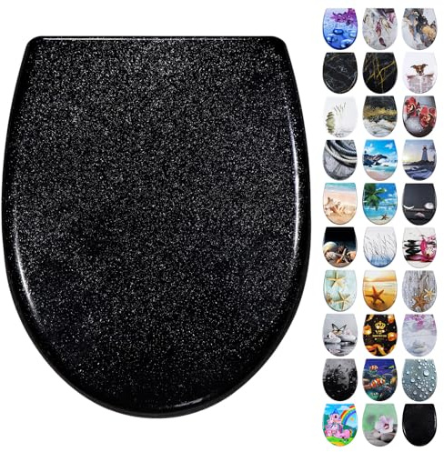Fanmitrk WC Sitz mit Absenkautomatik, Toilettendeckel Schwarz, Klodeckel aus Duroplast, Toilettensitz mit Quick Release Funktion, Klobrille Montage von oben