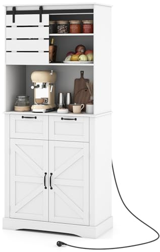 COSTWAY Buffet Haut Cuisine avec Prise, Buffet Vaisselier avec 2 Portes, 2 Tiroirs, Étagère Réglable, Support Micro-Ondes, Kits Anti-basculement, Meuble de Rangement pour Salle à Manger, Salon, Blanc