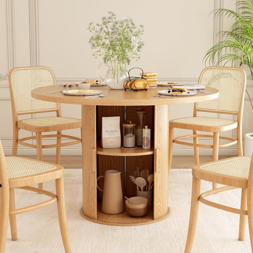 Wumagin Esstisch Rund 110 cm mit Stauraum, Küchentisch mit stabilem Metallgestell, Runde Moderne Esstische für 2–4 Personen für Esszimmer, Küche, Homeoffice (Helle Eichenfarbe)